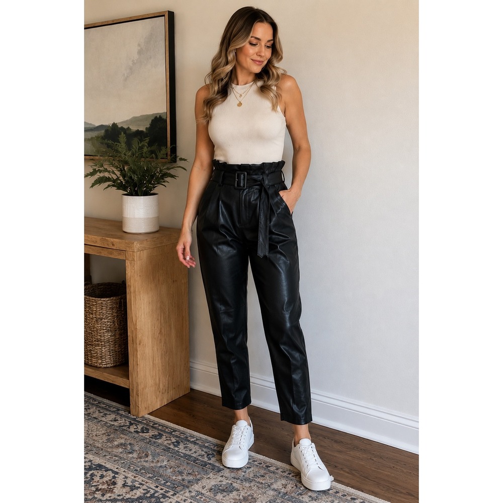 H&M Black Faux Leather Paperbag Waist Belted Tapered Pants Womens Size 8 Vegan